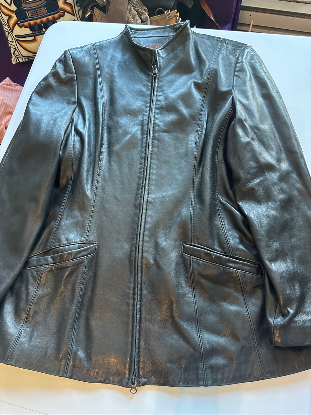Danier Black Leather Zip Jacket with Stand Collar